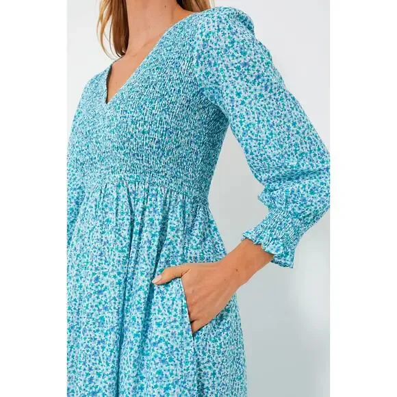 Pink City Prints Tuckernuck Ocean Ditsy Isabel V Neck Dress Long Sleeve Cotton - Picture 6 of 16
